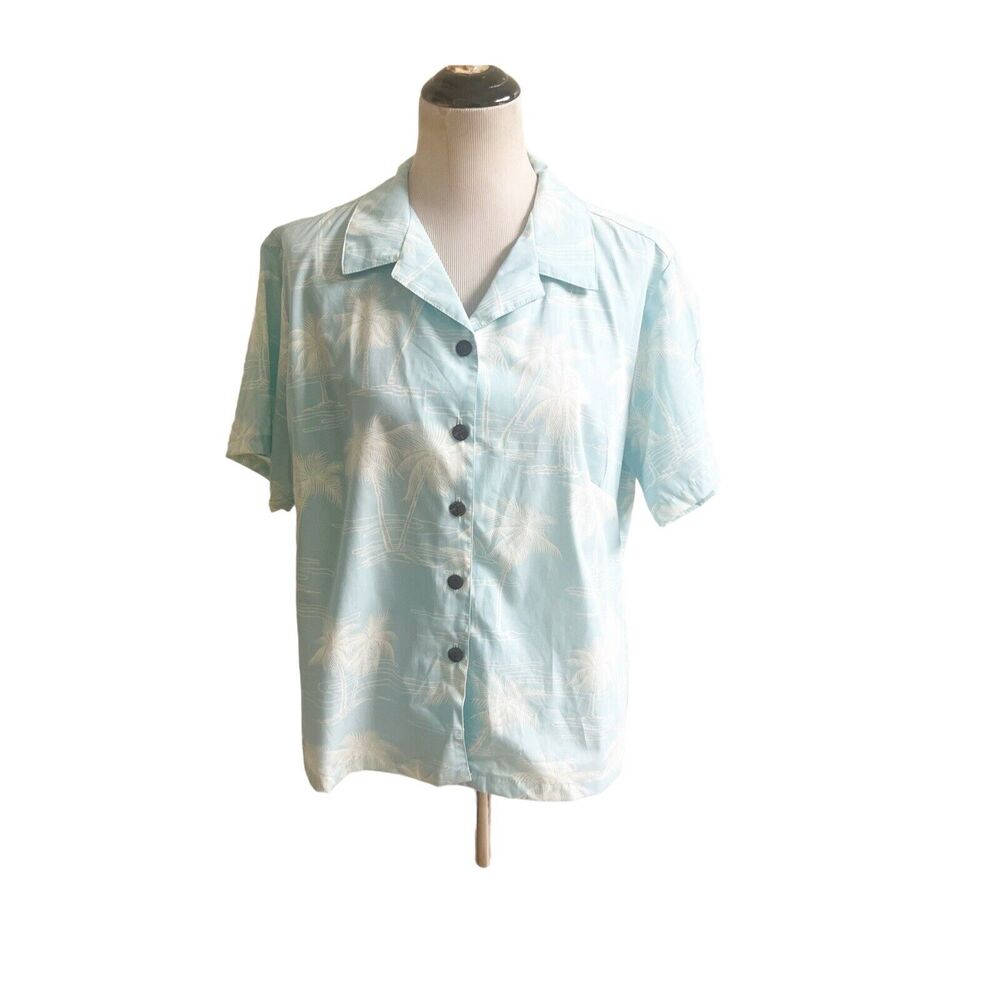 Light Blue Tropical Print Short-Sleeve Button-Front Blouse